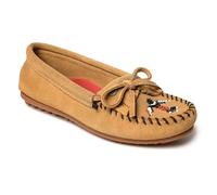 Minnetonka Women s Thunderbird Animikii Hardsole Moccasins for Women with a Classic Leather Moccasin Silhouette, Cushioned Footbed, and Beaded Moccasin Design, Taupe, Size 8