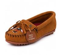 Minnetonka Women s Thunderbird Animikii Hardsole Moccasins for Women with a Classic Leather Moccasin Silhouette, Cushioned Footbed, and Beaded Moccasin Design, Brown, Size 9.5