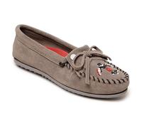 Minnetonka Women s Thunderbird Animikii Hardsole Moccasins for Women with a Classic Leather Moccasin Silhouette, Cushioned Footbed, and Beaded Moccasin Design, Grey, Size 8