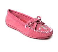 Minnetonka Women s Thunderbird Animikii Hardsole Moccasins for Women with a Classic Leather Moccasin Silhouette, Cushioned Footbed, and Beaded Moccasin Design, Pink, Size 7