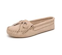 Minnetonka Women's Kilty Soft Leather Sole Moccasin, Stone, 5.5
