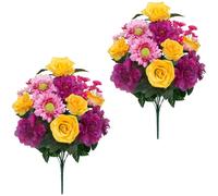 Minnhua 14 Stems Artificial Flowers Fake Rose with Dasiy Fake Flower Bouquet Mixed Color Faux Silk Floral Arrangement for Cemetery Grave Home Table Table Centerpiece Kitchen Decor（19.3in，2Pcs）
