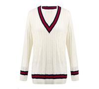 Minni Rossa Womens V Neck Cable Knit Cricket Jumper Pullover Sweater top UK Plus Sizes (Cream-Navy/Red, S-M)
