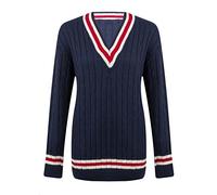Minni Rossa Womens V Neck Cable Knit Cricket Jumper Pullover Sweater top UK Plus Sizes (Navy-Cream/Red, XXL)
