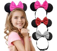 Minnie Ears Shiny Sequin Bow Headbands (Pack of 3) - Mouse Ears for Girls and Women - Elastic Adjustable Headband, No Headache, Full Glitter