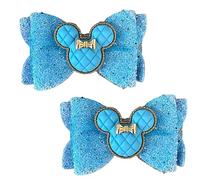 Minnie Mouse Aqua Blue Glitter Hair Bows, Clips, Grips Accessory Cute Girls Slides Mickey Embellishment 9.5cm x 6cm Handmade 2pcs