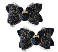 Minnie Mouse Black Glitter Hair Bows, Clips, Grips Accessory Cute Girls Slides Mickey Embellishment 9.5cm x 6cm Handmade 2pcs