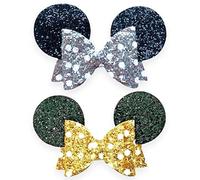 Minnie Mouse Ears Girls Glitter Hair Bows Clips Slides Grips 3.5" Inch Handmade 2pcs Gold & Silver Polka Dot