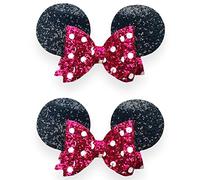 Minnie Mouse Ears Girls Glitter Hair Bows Clips Slides Grips 3.5" Inch Handmade 2pcs Hot Pink Polka Dot