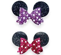 Minnie Mouse Ears Girls Glitter Hair Bows Clips Slides Grips 3.5" Inch Handmade 2pcs Mauve Purple & Hot Pink Polka Dot