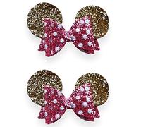 Minnie Mouse Ears Girls Glitter Hair Bows Clips Slides Grips 3.5" Inch Handmade 2pcs Pink & Gold Polka Dot