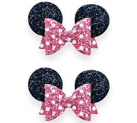 Minnie Mouse Ears Girls Glitter Hair Bows Clips Slides Grips 3.5" Inch Handmade 2pcs Pink Polka Dot