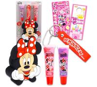 Minnie Mouse Lip Gloss Tubes with Shaped Pouch Bundle - 2 Lip Glosses | Disney Minnie Lip Gloss in Assorted Flavors for Party Favors Plus Character Coin Purse with Wrist Strap, Stickers, More