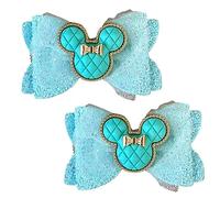 Minnie Mouse Turquoise Glitter Hair Bows, Clips, Grips Accessory Cute Girls Slides Mickey Embellishment 9.5cm x 6cm Handmade 2pcs