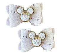 Minnie Mouse White Glitter Hair Bows, Clips, Grips Accessory Cute Girls Slides Mickey Embellishment 9.5cm x 6cm Handmade 2pcs