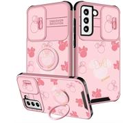 Minnie Phone Case for Samsung Galaxy S21 FE, Pink Protective Cover with Ring Holder, Triple Camera Design