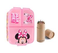 Minnie Reusable Sandwich Lunch Box 3 Multi Compartment Kids Children School Includes Half Size 12pcs Pencil Set (Minnie 1)