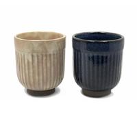 Mino Ware Indigo Blue, Cherry Blossom Pink Vertical Pattern Tea Cups Yunomi Set