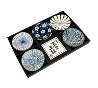 MINO WARE JAPAN Indigo Dyeing Japanese Pattern Small Plates set of 5, Soy Sauce Plate, Seasoning Plate, Appetizer Plates, with Gift Box, Made in Japan (Round Plate)