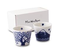 Mino Ware Japan - Japanese Sake Cups Set of 2- Sakura and Mt. Fuji Design, Indigo Color Pottery, 3.9 fl oz, For Cold and Hot Drink, Soup Cup Aperitif Tea Cup with Gift Box
