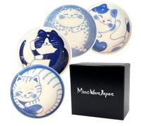 MINO WARE JAPAN Nekochigura Japanese Small Plate Set-Ceramic Cute Cats Design- For Appetizer Dessert Sushi Soy Sauce 3.94 x 0.8 Inches Set of 4