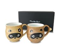 MINO WARE JAPAN-Tanuki Raccoon Mug Cup Pottery 11 fl oz, Set of 2- Japanese Sake Cup, Tea Yunomi, Soup cup, with Gift Box, VE-022854