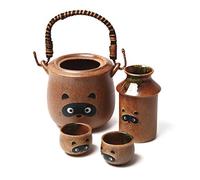 Mino Ware Japan Traditional Japanese Pottery Set - Exquisite Ceramic Sake Set - Japanese Sake Set - ese Pottery - 4 pieces Tanuki Raccoon Sake Set with Warmer, Sake Bottle and Sake Cups