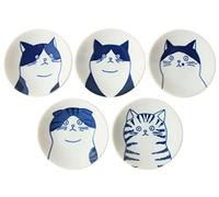 Mino ware Japanese Ceramics Mini Plate/Dish Set of 5 Five Cat Faces White & Blue made in Japan (Japan Import) GBS001
