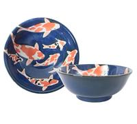 Mino ware Japanese Pottery Pair Ramen Noodle Donburi Bowl Japanese Carp Koi Fish (set of two) made in Japan AKD203