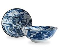 Mino ware Japanese Pottery Pair Ramen Noodle Donburi Bowl (set of two) made in Japan KND202 (Dragon & Mt. Fuji Blue)