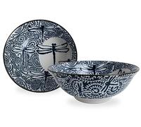 Mino ware Japanese Pottery Pair Ramen Noodle Donburi Bowl (set of two) made in Japan KND206 (Dragonfly Navy)