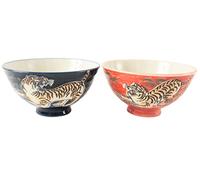 Mino ware Japanese Pottery Pair Rice Bowl Animal Pattern (set of 2) made in Japan (Japan Import) MIG006 (Roaring Tiger)