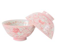 Mino ware Japanese Pottery Pair Rice Bowl Cat with Wave Pattern (set of 2) made in Japan (Japan Import) MUC201(Pink)