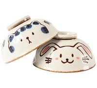 Mino ware Japanese Pottery Pair Rice Bowl Cats & Rabbit made in Japan (Japan Import) STC001