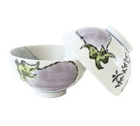 Mino ware Japanese Pottery Pair Rice Bowl Vegetable Pattern (set of 2) made in Japan (Japan Import) FTC202 (Eggplant)
