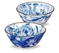 Mino Ware Japanese Rice Bowl, Rice Ramen Noodle Soup Sarada Pasta, Blue Dragon Design Chawn, 2.5 inch 8.8oz, Set of 2