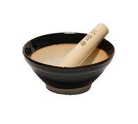 Mino Ware Made in Japan Ripple Ridge Mortar & Pestle (Suribachi & Surikogi) Set Small 5.91inches, for Both Right and Left Handed, Black, Authentic Pottery