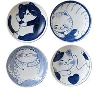 Mino Ware Set of 4 Japanese Ceramic Plates Cute Cats Appetizer Dessert Sushi Sauce 10 x 2 cm