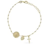 Minoplata Religious 925 Silver Gold Plated Bracelet, Miraculous Virgin and Saint Benedict Cross with Ball and Heart, 16.5cm + 1 in Expandable, Spiritual Design