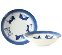 Minoribo Mino ware Japanese Ceramics Round Plate Five Cat Faces White & Blue made in Japan (Japan Import) GBS204 (2pcs of Medium Deep)