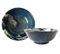 Minoribo Mino ware Japanese Pottery Pair Ramen Noodle Donburi Bowl Mt.Fuji & Big Wave Blue (set of two) made in Japan AKD201 (2pcs of Blue)