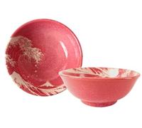 Minoribo Mino ware Japanese Pottery Pair Ramen Noodle Donburi Bowl Mt.Fuji & Big Wave Red (set of two) made in Japan AKD202 (2pcs of Red)