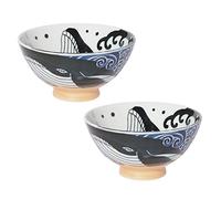 Minoru Touki White Wave Whale Blue Ceramic Rice Bowl Small Set of 2 φ4.4×H2.4in 11.29oz
