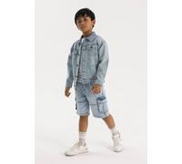 Minoti Denim-Look Cargo Shorts With Elastic Waist In Blue Blue