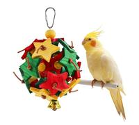 MinrzPet Interactive Bird Toy with Wooden Star Blocks & Leather Knots - Hanging Foraging Ball with Bell for Parrots, Cockatiels, Conures | Cage Climbing & Beak Exercise Toy