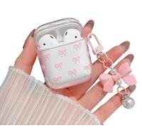 MINSCOSE Compatible with AirPods 1&2 Clear Case,Cute Bow Pattern Pretty Ribbon Aesthetic Design with Bow Pearl Keychain,Soft TPU Protective Shockproof Case for Women Girl for AirPods 1&2-Pink