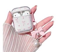 MINSCOSE Compatible with AirPods 1/2 Clear Case,Cute Bow Ribbon Heart Pretty Aesthetic Design with Bow Pearl Keychain,Soft TPU Protective Shockproof Case for Women Girl for Airpod 1/2-Pink