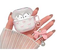 MINSCOSE Compatible with AirPods 4 Clear Case,Cute Bow Pattern Pretty Ribbon Aesthetic Design with Bow Pearl Keychain,Soft TPU Protective Shockproof Case for Women Girl for AirPods 4-Pink