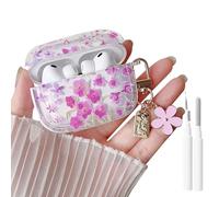 MINSCOSE for AirPods 4 Clear Case,Cute Girly Flower Aesthetic Design with Pink Floral Keychain,Soft TPU Protective Shockproof Case with Cleaner Kit for Girls Women for Airpods 4-Pink