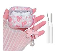 MINSCOSE for Cute Glitter AirPods Pro 3rd Generation Case (2025),Cute Shell Pattern Bow Ribbon Design with Bowknot Pearl Keychain,Protective Shockproof Cover for Airpods Pro 3-Pink